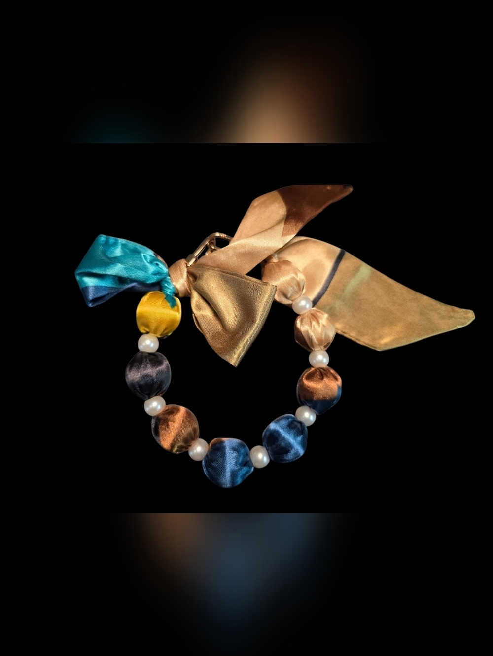 Satin Beaded Ribbon Phone Wristlet Bracelet in Teal, Gold, Blue and Brown